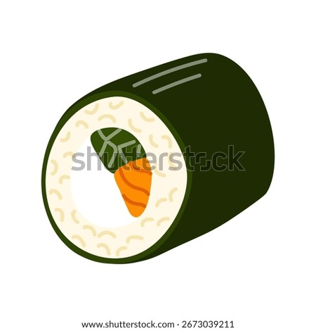 Sushi roll featuring fresh vegetables and salmon on a plain background
