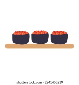 Sushi roll with fish caviar on wooden plate. Cute hand drawn cartoon illustration for asian food menu, stickers, wall art, restaurant logo