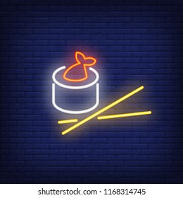 Sushi roll with fish and chopsticks neon sign. Food, restaurant, Japanese cuisine. Advertisement design. Night bright neon sign, colorful billboard, light banner. Vector illustration in neon style.