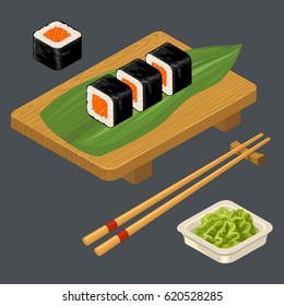 Sushi roll with fish, chopsticks, wasabi in bowl and wood board. Isolated on black background. Vector flat color illustration. For icon and menu