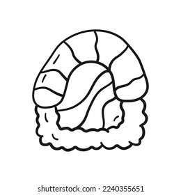 Sushi roll with fish in doodle style on white background. Vector illustration asian food in linear drawing style