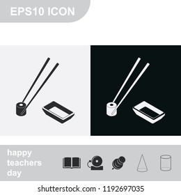 Sushi roll flat black and white vector icon. Chopsticks illustration.