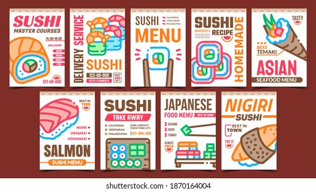 Sushi Roll Food Promotional Posters Set Vector. Sushi Restaurant Menu And Delivery Service, Master Courses And Homemade Meal Advertising Banners. Concept Template Style Color Illustrations