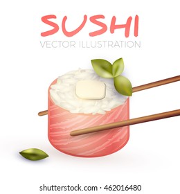 Sushi Roll with Food Sticks. Japanese Seafood. Vector illustration