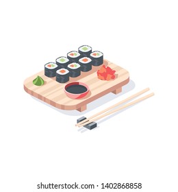Sushi roll food. Vector 3d isometric color icon new flat style. Creative illustration, idea for infographics.