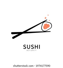 Sushi roll with fresh fish rice and chopstick. Traditional oriental asian japan food, salmon, tuna. Simple creative logo vector design trendy typography. can be used as a brand, logo, symbol and icon.