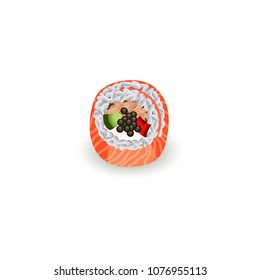Sushi roll with fresh salmon isolated on white background - realistic vector illustration of piece of traditional japanese seafood for asian restaurant concept design.