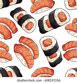 sushi roll or futo maki and sake nigiri with japanese seafood concept in seamless pattern