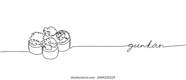 Sushi roll, Gunkan with red caviar, gunkan maki one line art. Continuous line drawing of sushi, japanese, food, roll, culture, tasty, japan, asian, sea, menu with inscription, lettering, handwritten.