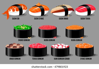 sushi roll gunkans set japanese food, vector clipart icons