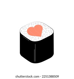 Sushi roll with heart. Cute japanese food. Heart symbol of love for sushi. Vector love sushi roll.