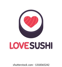 Sushi roll with heart shape salmon and Love Sushi text. Vector illustration for logo design.