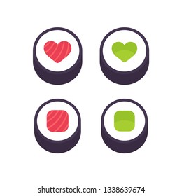 Sushi roll with heart shape, salmon and cucumber or avocado. Fish and vegetarian rolls icon or logo. Vector illustration set.