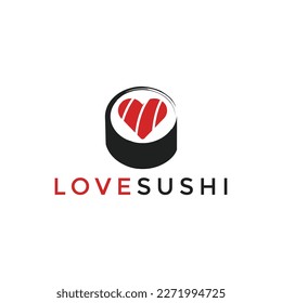 Sushi roll with heart shape salmon and Love Sushi text. Vector illustration for logo design
