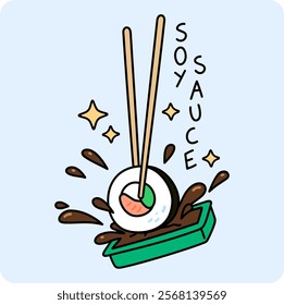 sushi roll held with chopsticks dipped in soy sauce and splashing out cute stars and text cartoon style