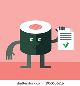 Sushi Roll holding check list. Cartoon character with face. Flat style vector illustration on salmon background.