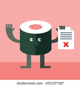 Sushi Roll holding checklist with X sign. Cartoon character with face. Flat style vector illustration on salmon background.