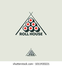 Sushi Roll House logo.
Rolls and chopsticks on a white background.
