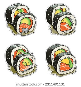 Sushi roll icon with avacado smoked eel and teriyaki on white background hand drawn sticker vector 3D graphics