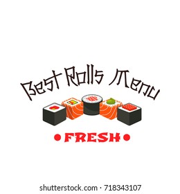 Sushi roll icon of japanese cuisine restaurant. Salmon fish sushi roll with rice, tuna and seaweed nori, seasoned with wasabi and soy sauce isolated symbol for asian food, seafood menu design