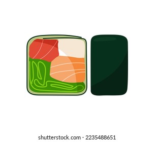 Icono de rollo de sushi. Rollos con Nori, salmón, atún, ensalada, queso crema sin arroz. Cocina fresca aislada de fondo blanco. La comida tradicional japonesa. Ilustración vectorial Para menú, receta, restaurante