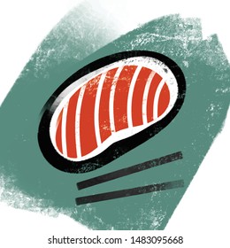 Sushi roll icon, sashimi maki and chopsticks - vector illustration
