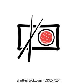 Sushi roll icon, sashimi maki and chopsticks - vector illustration