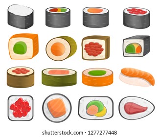 Sushi roll icon set. Cartoon set of sushi roll vector icons for web design
