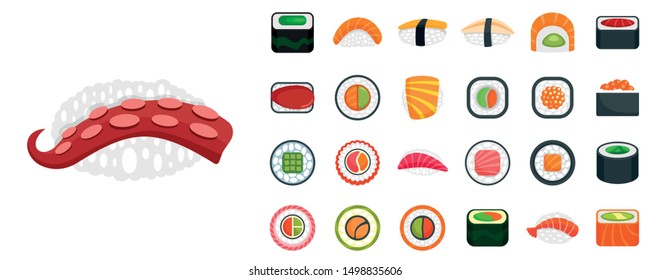 Sushi roll icon set. Flat set of sushi roll vector icons for web design