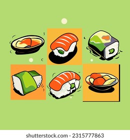 Sushi roll icon set. Flat set of sushi roll vector icons for web design