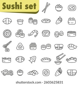 Sushi roll icon set. Sushi isolated icon set. Japanese cuisine illustrations on white background. EPS 10.