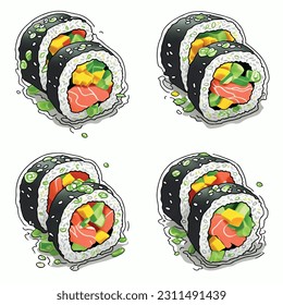 Sushi roll icon with tuna and mango and fresh cucumber break on white background hand drawn sticker vector 3D graphic