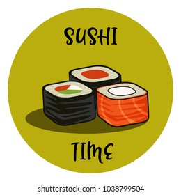 Sushi roll icons detailed cartoon vector set