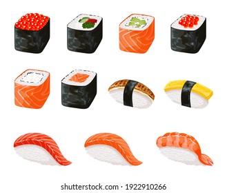 Sushi roll icons detailed photo realistic vector set. Realistic sushi set. Japanese cuisine, traditional food.