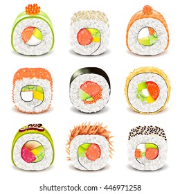 Sushi roll icons detailed photo realistic vector set