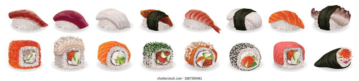 Sushi roll icons set. Cartoon set of sushi roll vector icons for web design