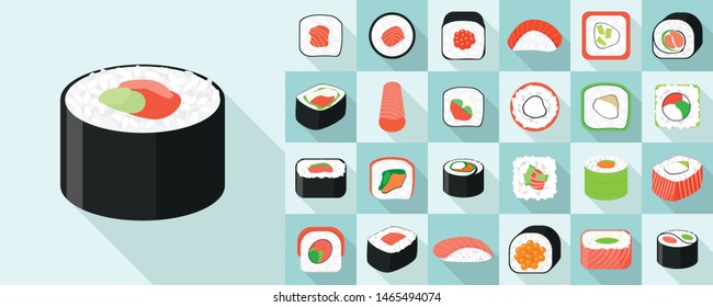 Sushi roll icons set. Flat set of sushi roll vector icons for web design