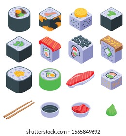 Sushi roll icons set. Isometric set of sushi roll vector icons for web design isolated on white background