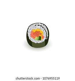 Sushi roll isolated on white background - realistic traditional japanese food for asian restaurant concept design. Fresh sushi piece, vector illustration of seafood meal.