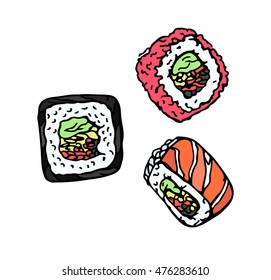Sushi roll isolated on white background. Chinese, Japanese food. Vector illustration in a doodle style. Perfect for restaurant menu design, cafe,kitchen,website, print, cloth. Simple food image.Eps10.