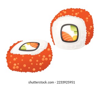 Sushi roll japan street fast food with seafood and rice caviar salmon and cheese maki vector illustration isolated on white background