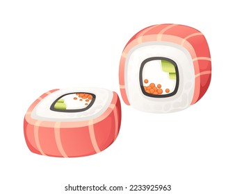 Sushi roll japan street fast food with seafood and rice caviar tuna and cheese maki dish vector illustration isolated on white background