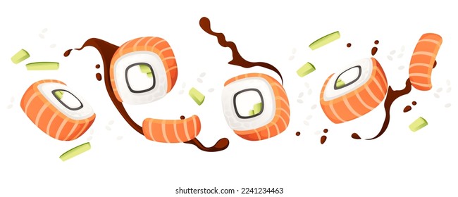 Sushi roll japan street fast food with seafood and rice salmon and cheese vector illustration on white background