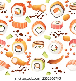 Sushi roll japan street fast food with seafood and rice salmon and cheese vector illustration on white background