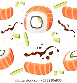 Sushi roll japan street fast food with seafood and rice salmon and cheese vector illustration on white background