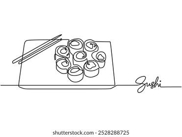 Rolo de sushi ou desenho de linha contínua de comida japonesa. Conceito de comida e bebida. Ilustração de vetor minimalista isolada no fundo branco.