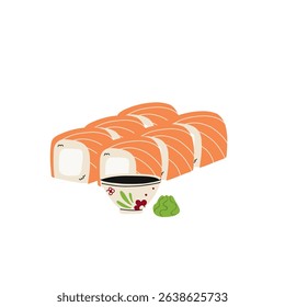 Sushi roll. Japanese seafood with salmon and cavier, traditional asian cuisine, wasabi and soy souse, delicious Japan dish. Vector cartoon flat style isolated on white background illustration