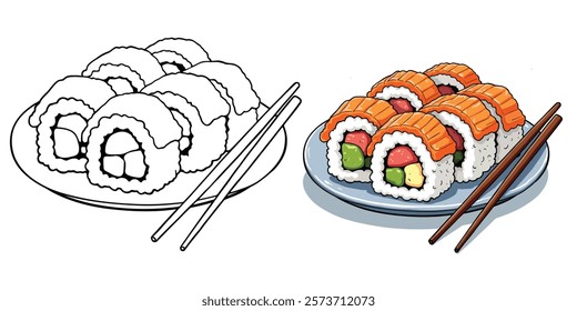 Sushi Roll Line Art Vector Illustration Black and White with Coloring Sample. Bold and Easy Food, Sweets, Drinks, Dessert, and Snacks Coloring Pages for Adults and Kids.