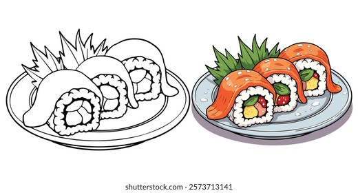 Sushi Roll Line Art Vector Illustration Black and White with Coloring Sample. Bold and Easy Food, Sweets, Drinks, Dessert, and Snacks Coloring Pages for Adults and Kids.