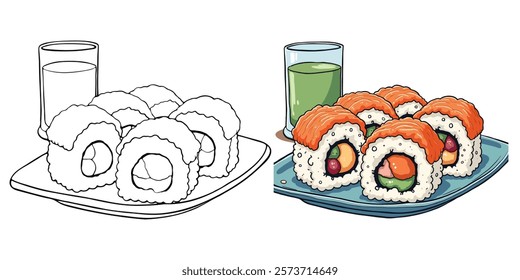 Sushi Roll Line Art Vector Illustration Black and White with Coloring Sample. Bold and Easy Food, Sweets, Drinks, Dessert, and Snacks Coloring Pages for Adults and Kids.